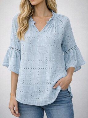 $78 Retail Tribal Jeans Light Blue Eyelet Peasant Blouse Boho Top XS